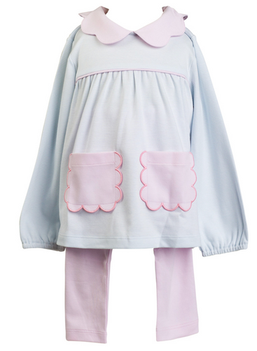 Long Sleeve Scallop Tunic Set Light Blue Stripe