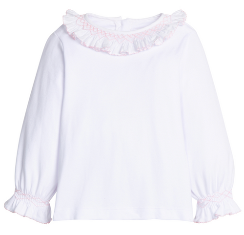 Smocked Madeline Blouse - White w/ Light Pink