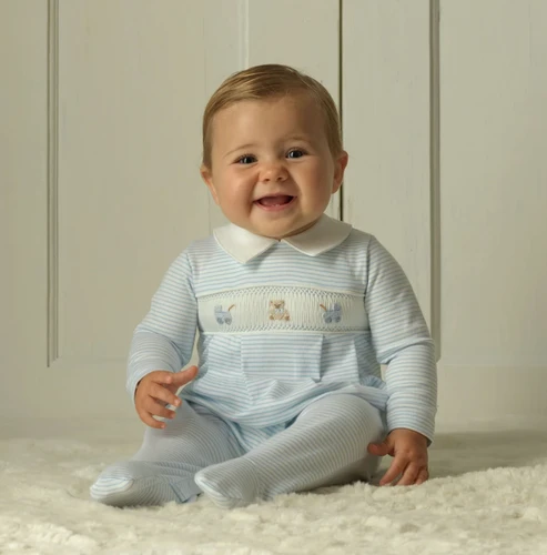 Blue Pram Embroidered Babygrow