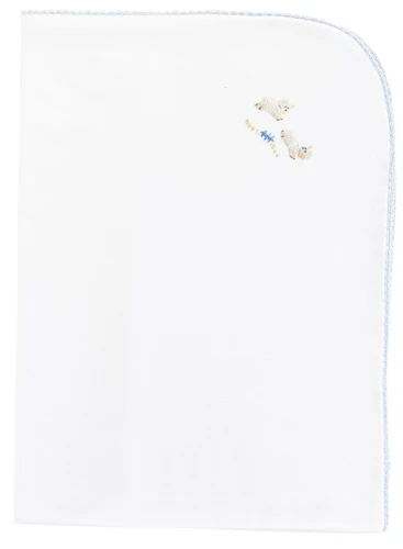 Baby Lambs - Blue Embroidered Pima Receiving Blanket with Crochet Trim