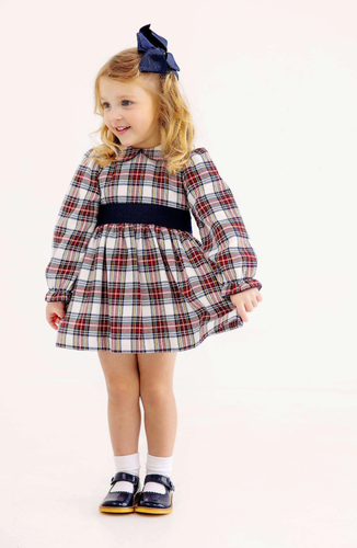 Long Sleeve Cindy Lou Sash Dress - Paris Pike Plaid / Nantucket Navy