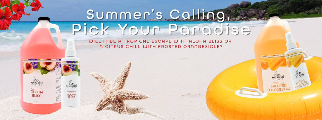 Aloha Bliss and Frosted Orangesicle Seasonal Scent products on a sunny beach. Text reads: Summer's Calling, Pick Your Paradise. Will it be a tropical escape with Aloha Bliss or a Citrus Chill with Frosted Orangesicle?