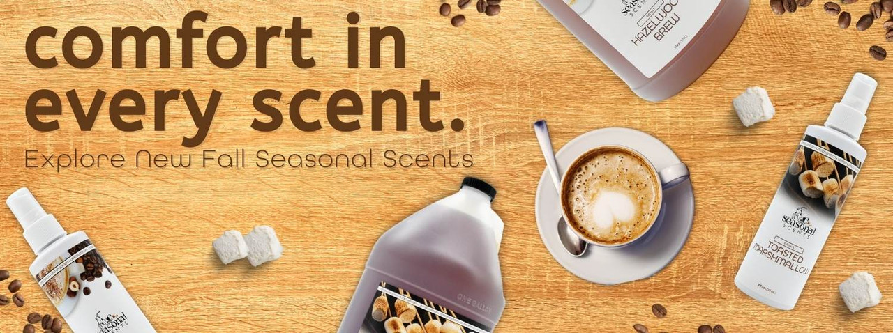 Banner with coffee, marshmallows and Hazelwood Brew and Toasted Marshmallow shampoos and colognes. Text reads ‘comfort in every scent. Explore New Fall Seasonal Scents.’