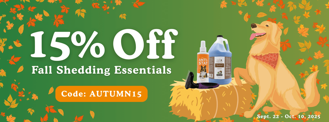 Green sale banner with falling autumn leaves, golden retriever wearing a plaid bandana and deshedding products on a hay bale. Text reads ‘15% Off Fall Shedding Essentials. Code: AUTUMN15. Sept. 22 – Oct. 10, 2025.’