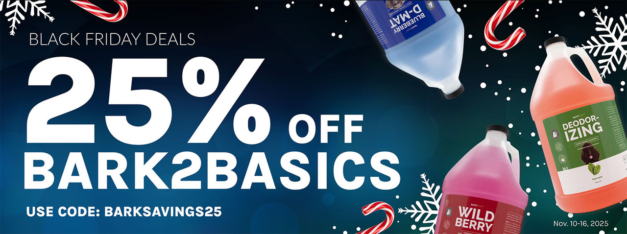 Black Friday banner with snowflakes, candy canes and Bark2Basics gallon jugs. Text reads: ‘Black Friday Deals: 25% Off Bark2Basics. Use code: BARKSAVINGS25. Nov. 10–16, 2025.’