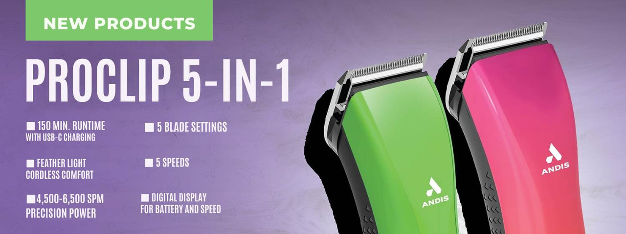Purple Andis banner showcasing new ProClip 5-in-1 Cordless Clippers with product features listed, including 150-minute runtime, USB-C charging, five blade settings, five speeds, 4500-6500 SPM and digital display