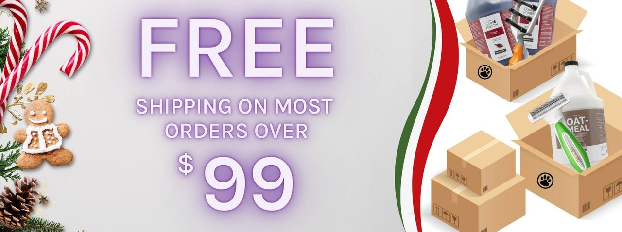 Holiday banner featuring boxes filled with various grooming products. Text reads 'Free Shipping On Most Orders Over $99'.