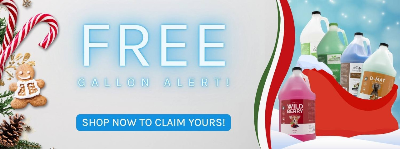 Holiday banner featuring five gallons of shampoos and conditioners emerging from a red Christmas gift sack. Text reads 'Free Gallon Alert!' A blue button below reads 'Shop Now To Claim Yours!'