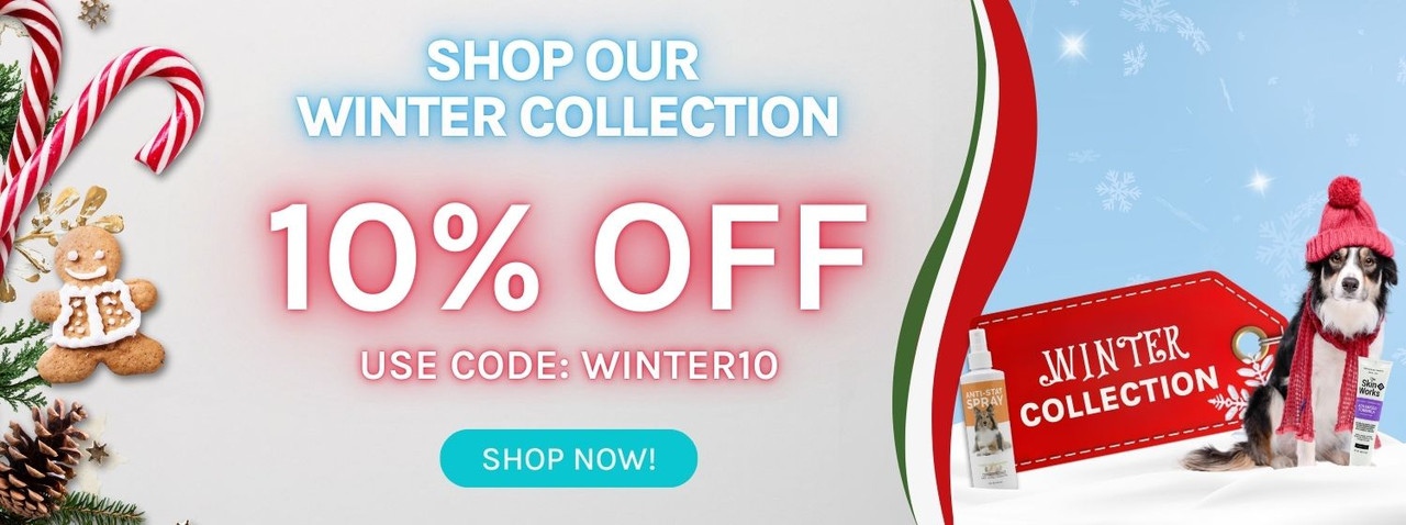Winter-themed promotional banner with holiday accents and a dog in a red hat and scarf next to winter grooming products. Text reads: 'Shop Our Winter Collection. 10% Off. Use code: WINTER10.' A blue button below reads 'Shop Now!'