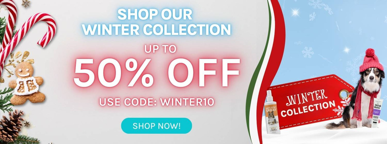 Winter-themed promotional banner with holiday accents and a dog in a red hat and scarf next to winter grooming products. Text reads: 'Shop Our Winter Collection. Up to 50% Off. Use code: WINTER10.' A blue button below reads 'Shop Now!'