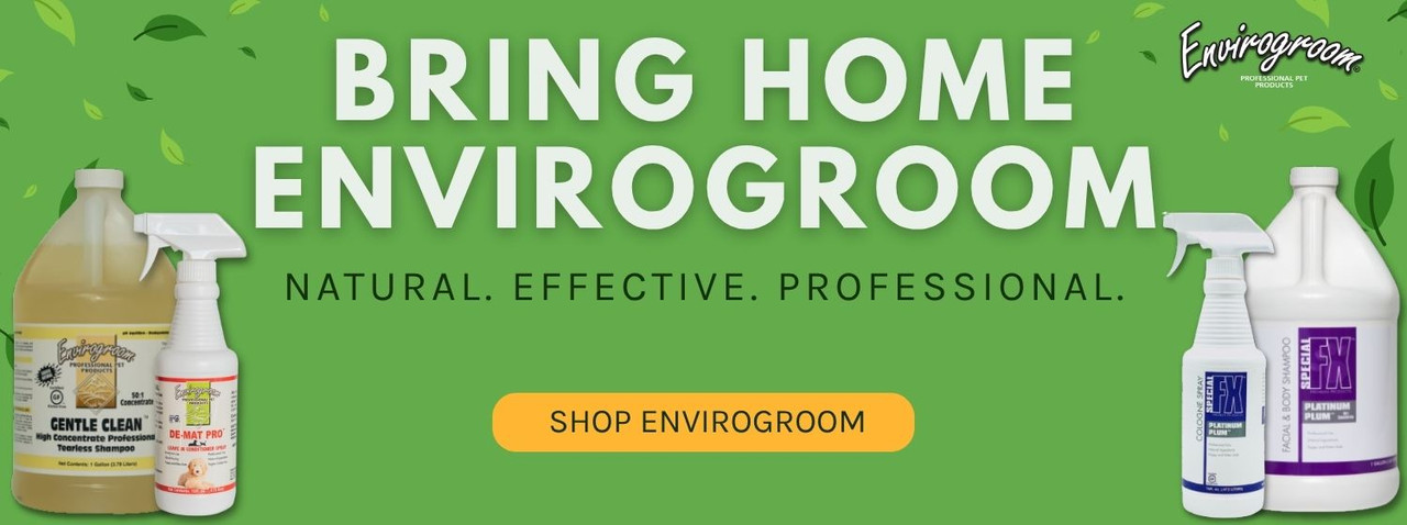 Banner showing Envirogroom natural pet grooming products including shampoo bottles and spray for professional use