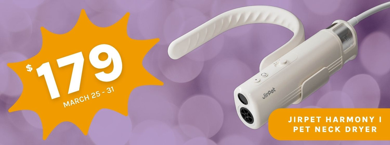 White Jirpet Harmony I pet neck dryer with wearable neck strap on purple background, promotional sale price $179 for March 25–31