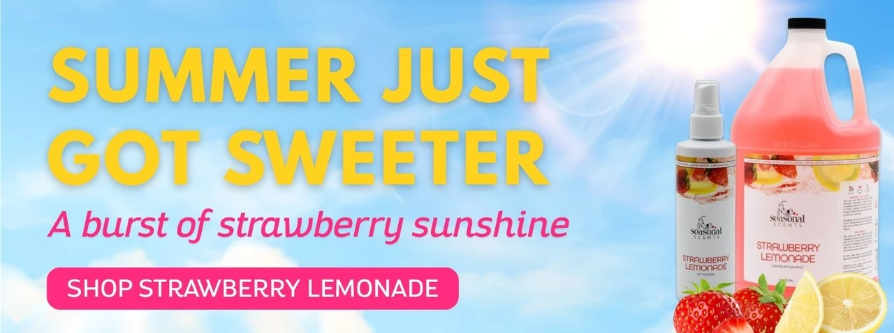 Summer-themed banner promoting strawberry lemonade scent with text "Summer Just Got Sweeter," featuring spray bottle and gallon container alongside fresh strawberries and lemon slices, with a "Shop Strawberry Lemonade" call-to-action button.