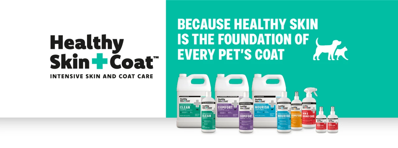 Homepage banner for Healthy Skin + Coat featuring the tagline “Because healthy skin is the foundation of every pet’s coat,” with a lineup of skin and coat care products including Clean, Comfort, and Nourish formulas.