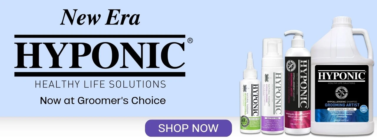 HYPONIC banner featuring a variety of grooming products, with the HYPONIC logo, text reading 'Now at Groomer’s Choice' and a 'Shop Now' button below