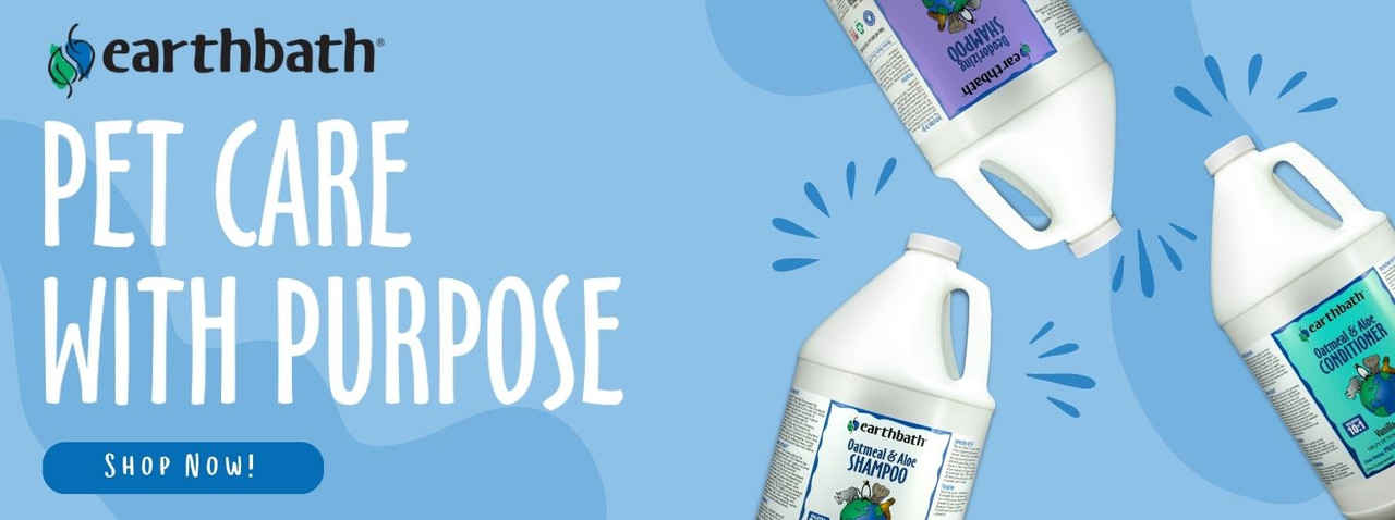 earthbath 'pet care with purpose' banner with blue 'shop now' button and earthbath gallons on the right 