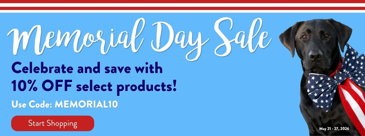 Memorial Day Sale homepage banner featuring a black dog wearing an American flag bandana, promoting 10% off select products with code MEMORIAL10 from May 21–27, 2026.