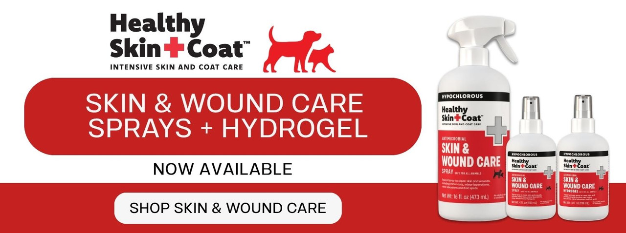 Healthy Skin + Coat Skin  & Wound care sprays and hydrogel banner with "now available" and 'Shop skin & Wound Care' button 