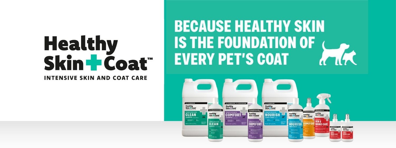 Healthy Skin + Coat Intensive Skin and Coat Care product line with shampoos, conditioners, sprays and gels. Banner text reads: "Because healthy skin is the foundation of every pet's coat."