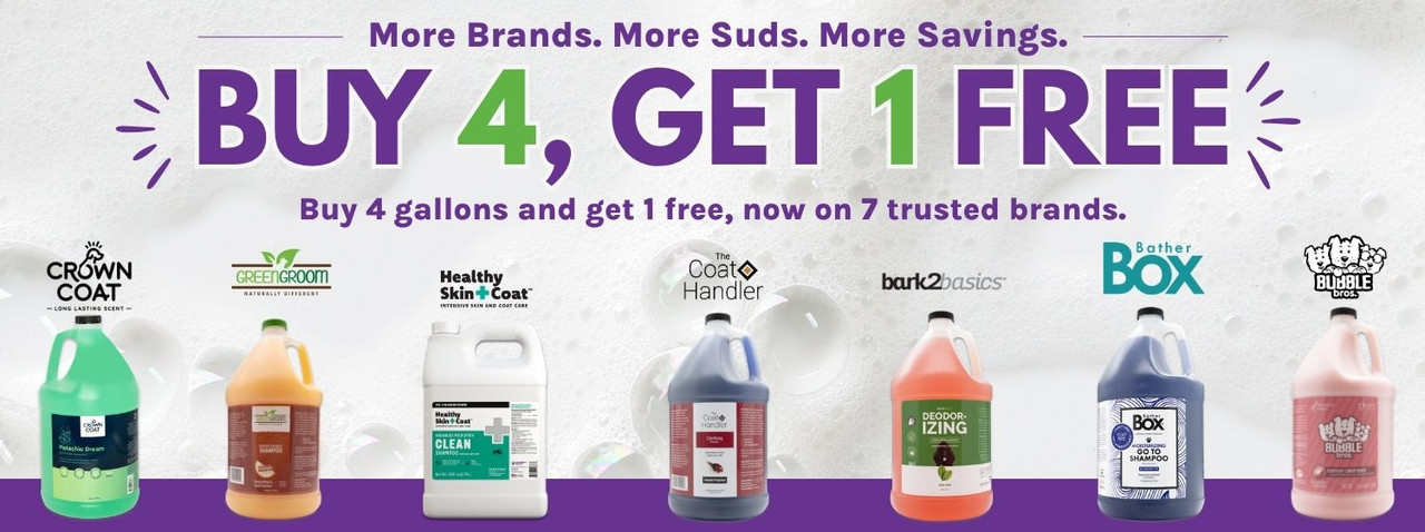 Promotional banner for Groomer's Choice's Buy 4, Get 1 Free gallon shampoo sale featuring seven coat care brands.