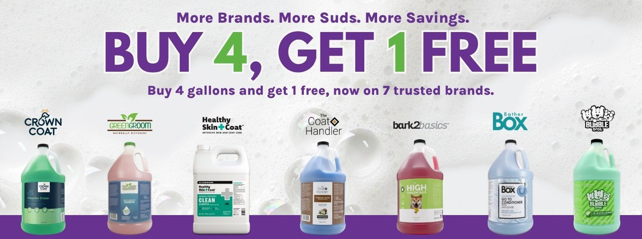 Buy 4, Get 1 FREE on qualifying Groomer's Choice coat care gallons. Mix and match across seven trusted brands.
