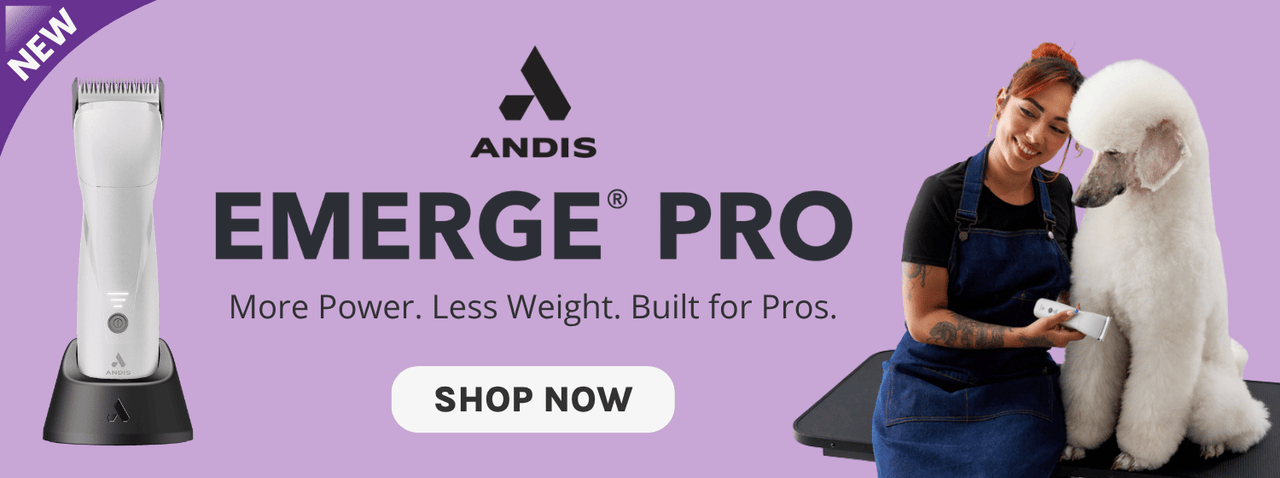Homepage banner announcing the new Andis EMERGE® Pro Clipper with the tagline "More Power. Less Weight. Built for Pros." and a Shop Now button.