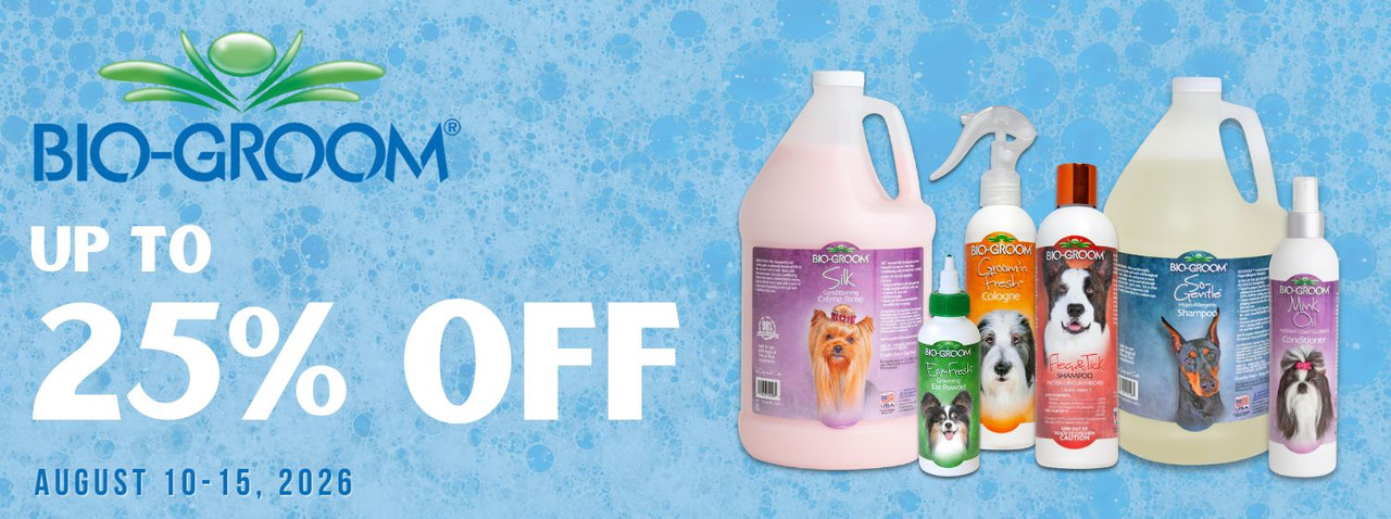 Bio-Groom products on a blue bubble background, up to 25% off August 10–15, 2026.