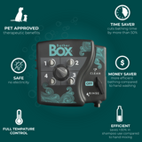Tile featuring the BatherBox® Pet Bathing System with trust symbols and benefits: pet-approved therapeutic effects, 50% time-saving, 30% more efficient than hand washing, safe (no electricity needed) and full temperature control