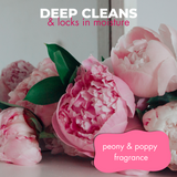 Image featuring pink peony flowers, accompanied by the text: 'smooths and repairs damaged hair, pink peony & poppy fragrance'