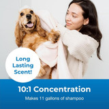 Woman drying a happy dog with a towel after a bath. Text on image reads: ‘Long Lasting Scent!’ and '10:1 Concentration - Makes 11 gallons of shampoo'