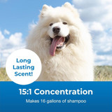 A fluffy white Samoyed dog smiles outdoors under a blue sky. A circular label reads ‘Long Lasting Scent!’ and text below says ‘15:1 Concentration – Makes 16 gallons of shampoo.’