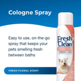 Fresh ’n Clean Dog Cologne Spray graphic with 12 oz can and text: ‘Cologne Spray. Easy to use, on-the-go spray that keeps your pets smelling fresh between baths.’ Label reads: ‘Fresh Floral Scent.’