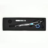 Monk Blue 7.5" Curved Shear in a protective black foam-lined case with gel finger ring and shear oil