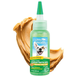 Tropiclean Fresh Breath Oral Care Gel Peanut Butter bottle with a swipe of peanut butter in back