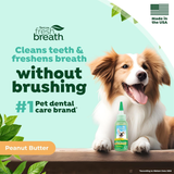 Tropiclean Fresh Breath tile saying "cleans teeth & freshens breath without brushing" with a dog with a Fresh Breath bottle
