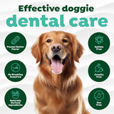 Effective doggie dental care tile with retriever next to Tropiclean Fresh Breath Gel information circles