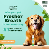 TropiClean Fresh Breath give your dog fresher breath in just one spray tile with an image of a tan dog in front of oral care spray bottle