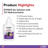 Zymox Ear Solution 0.5% Hydrocortisone, 1.25 oz - Product Highlights Graphic