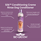 Silk Conditioning Creme Rinse Dog Conditioner. Returns moisture and rehydrates skin and coat. Removes tangles and controls flyaway hair. Makes brushing easy and managing hair effortless. Builds strength and body in coat. 12 oz. bottle of Bio-Groom Silk Conditioning Creme Rinse is pictured.