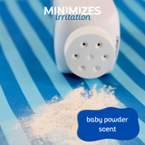 Close-up of a baby powder bottle with powder spilled onto a blue striped surface. Text reads: 'minimizes irritation, baby powder scent'
