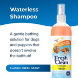 Fresh ’n Clean Waterless Shampoo graphic with 12 oz bottle and text: ‘Waterless Shampoo. A gentle bathing solution for dogs and puppies that doesn't involve the bathtub!’ Label reads: ‘Classic Fresh Scent.’