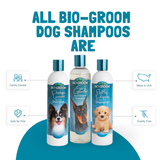 All Bio-Groom Dog Shampoos are family owned, safe for pets, made in the USA, cruelty free. Three 12 oz bottles of Bio-Groom shampoos are pictured.