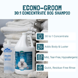 Econo-Groom 30:1 Concentrate Dog Shampoo. 30:1 Concentrate. Adds body and luster. Mild, tear-free, hypoallergenic. Quick , residue-free rinse. Gallon of Econo-Groom next to mixing bottle and towels is pictured.