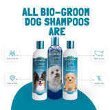 All Bio-Groom Dog Shampoos are family owned, safe for pets, made in the USA, cruelty free. Three 16 oz bottles of Bio-Groom shampoos are pictured.