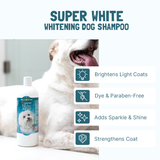 Super White Whitening Dog Shampooo brightens light coats, dye and paraben-free, adds sparkle and shine, strengthens coat. White dog pictured next to a bottle of Super White dog shampoo.