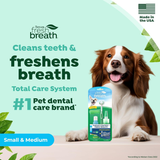 TropiClean Fresh Breath cleans teeth & freshens breath total care system tile with a brown dog with a total care oral kit in front of it