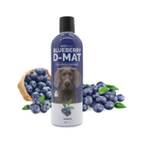 16 oz bottle of Bark2Basics Blueberry D-Mat Conditioner, displayed with fresh blueberries rolling out of a wooden basket