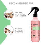 Artero Mix Conditioner Spray displayed with icons indicating it is recommended for brushing all breeds of cats and dogs, including puppies