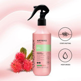 Artero Mix Conditioner Spray displayed with icons showing it helps stop matting and moisturizes, set against a soft pink background
