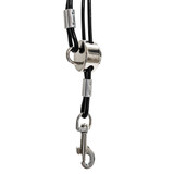 Close-up of the Trach Saver® black grooming restraint showing the stainless-steel sliding adjuster, swivel snap, and secure attachment hardware.